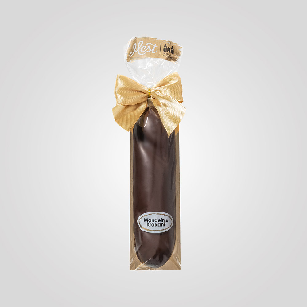 Lübecker Marzipanbrot mit Haselnusskrokant g.g.A. in Zartbitterschokolade Lübecker Marzipanbrot mit Haselnusskrokant g.g.A. in Zartbitterschokolade