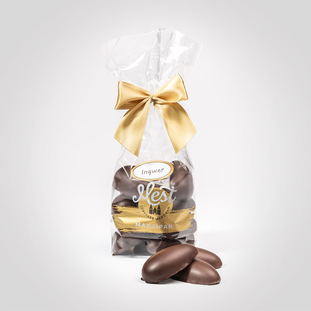 Lübecker Marzipan-Eier (halbe) g.g.A. in Zartbitterschokolade mit Ingwer