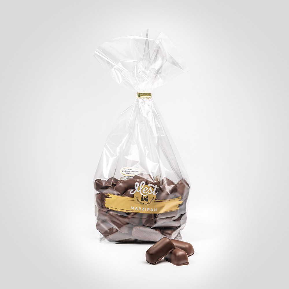 Lübecker Marzipan-Bruch g.g.A. aus mallorquinischen Mandeln in Zartbitterschokolade Lübecker Marzipan-Bruch g.g.A. aus mallorquinischen Mandeln in Zartbitterschokolade